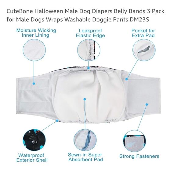 Halloween Male Dog Diapers Belly Bands 3 Pack Wraps Washable Doggie Pants - Picture 3 of 4